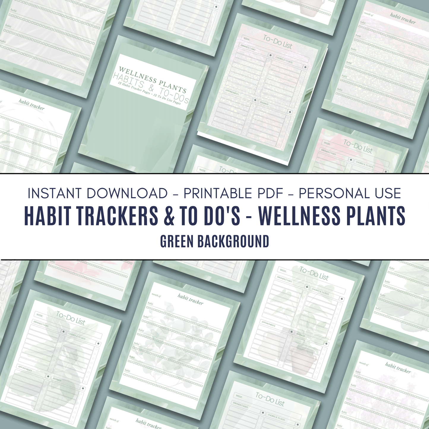 Habit Trackers & To Do's - Wellness Plants - Green Background