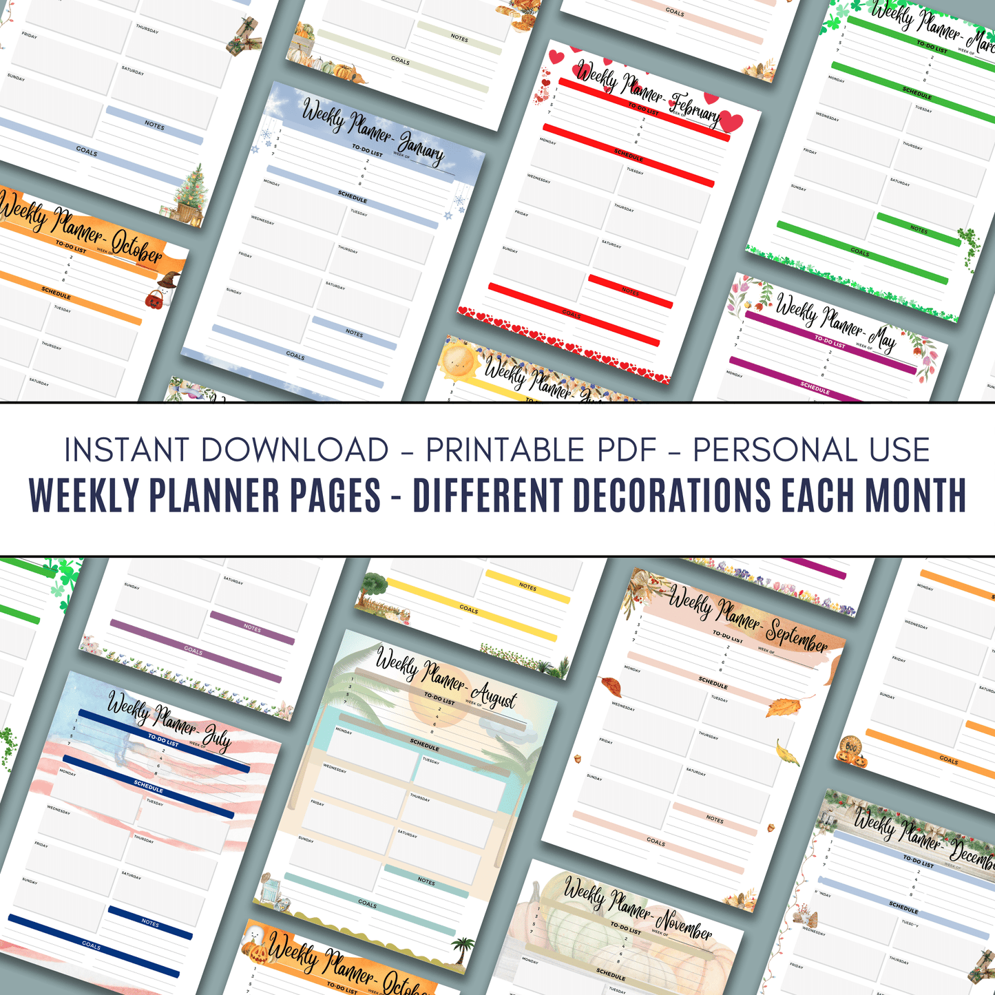 12 Unique Monthly Planner Pages - Different Decorations Each Month