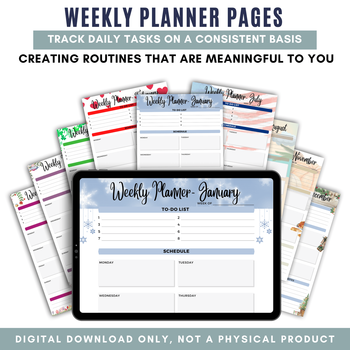 12 Unique Monthly Planner Pages - Different Decorations Each Month