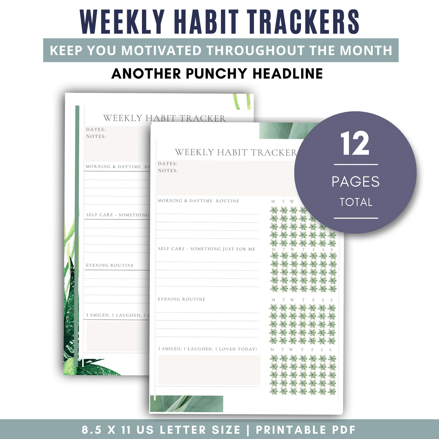Weekly Habit Trackers | Wellness Plants - White Background