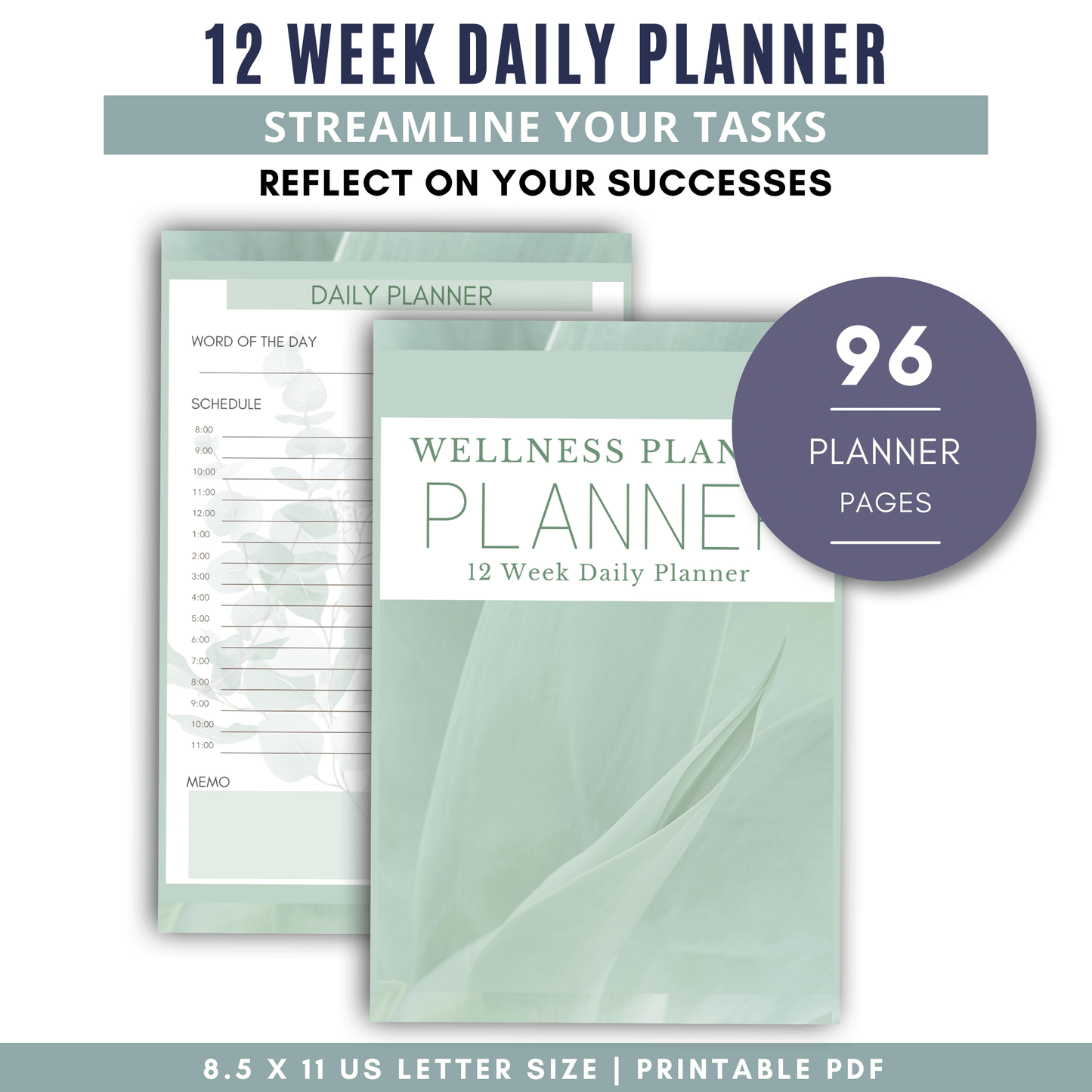 12 Week Daily Planner - Wellness Plants - Green Background