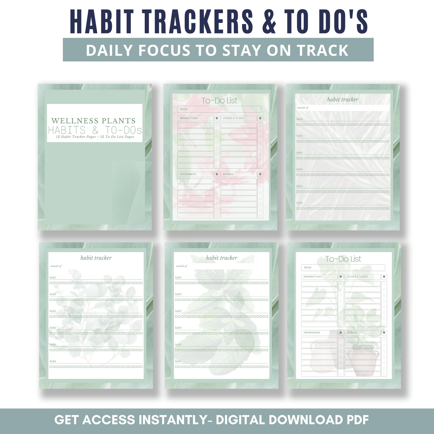Habit Trackers & To Do's - Wellness Plants - Green Background