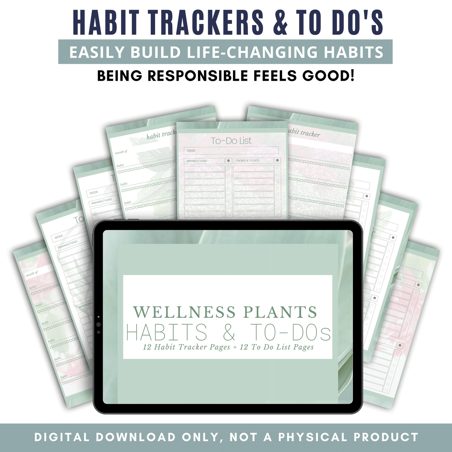 Habit Trackers & To Do's - Wellness Plants - Green Background