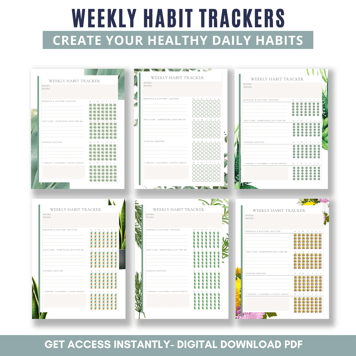 Weekly Habit Trackers | Wellness Plants - White Background