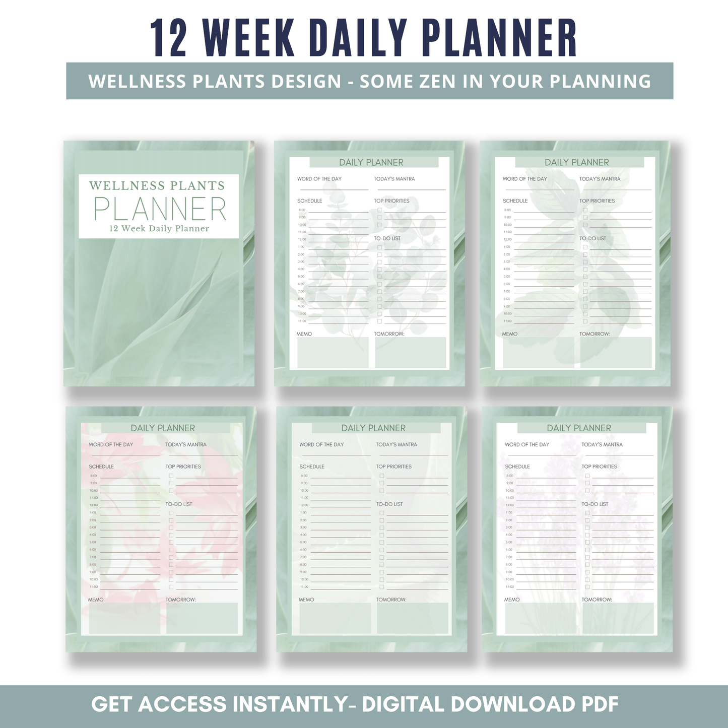 12 Week Daily Planner - Wellness Plants - Green Background