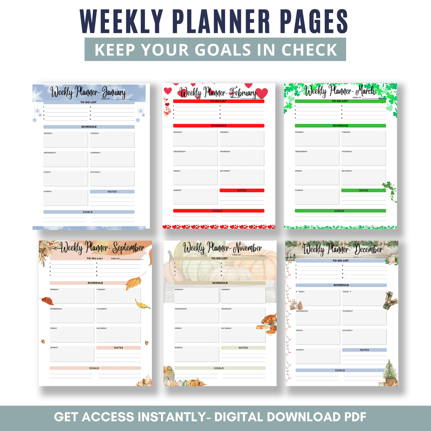 12 Unique Monthly Planner Pages -  Different Decorations Each Month